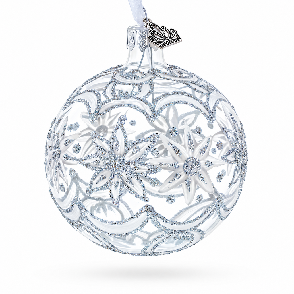 Frosted Silver Poinsettia Sparkle Glass Ball Christmas Ornament 3.25 Inches