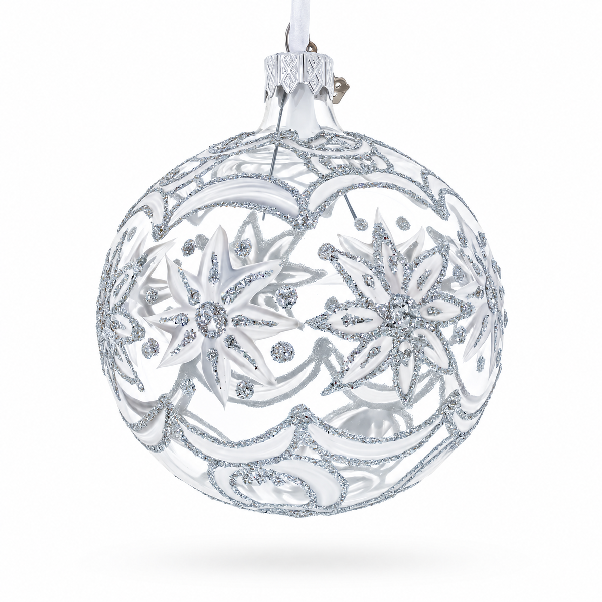 Frosted Silver Poinsettia Sparkle Glass Ball Christmas Ornament 3.25 Inches
