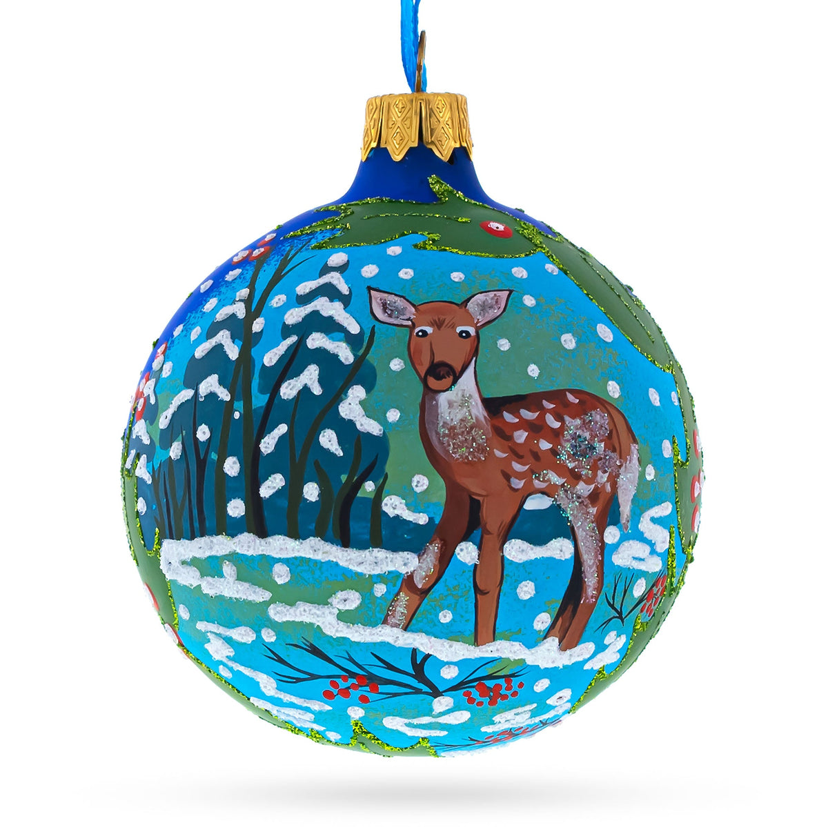 Deer in the Woods Glass Ball Christmas Ornament 3.25 Inches