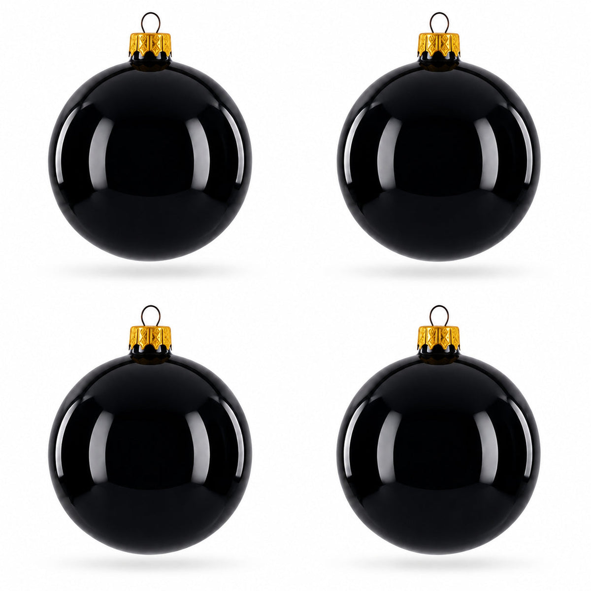 Set of 4 Glossy Black Glass Ball Christmas Ornaments 4 Inches