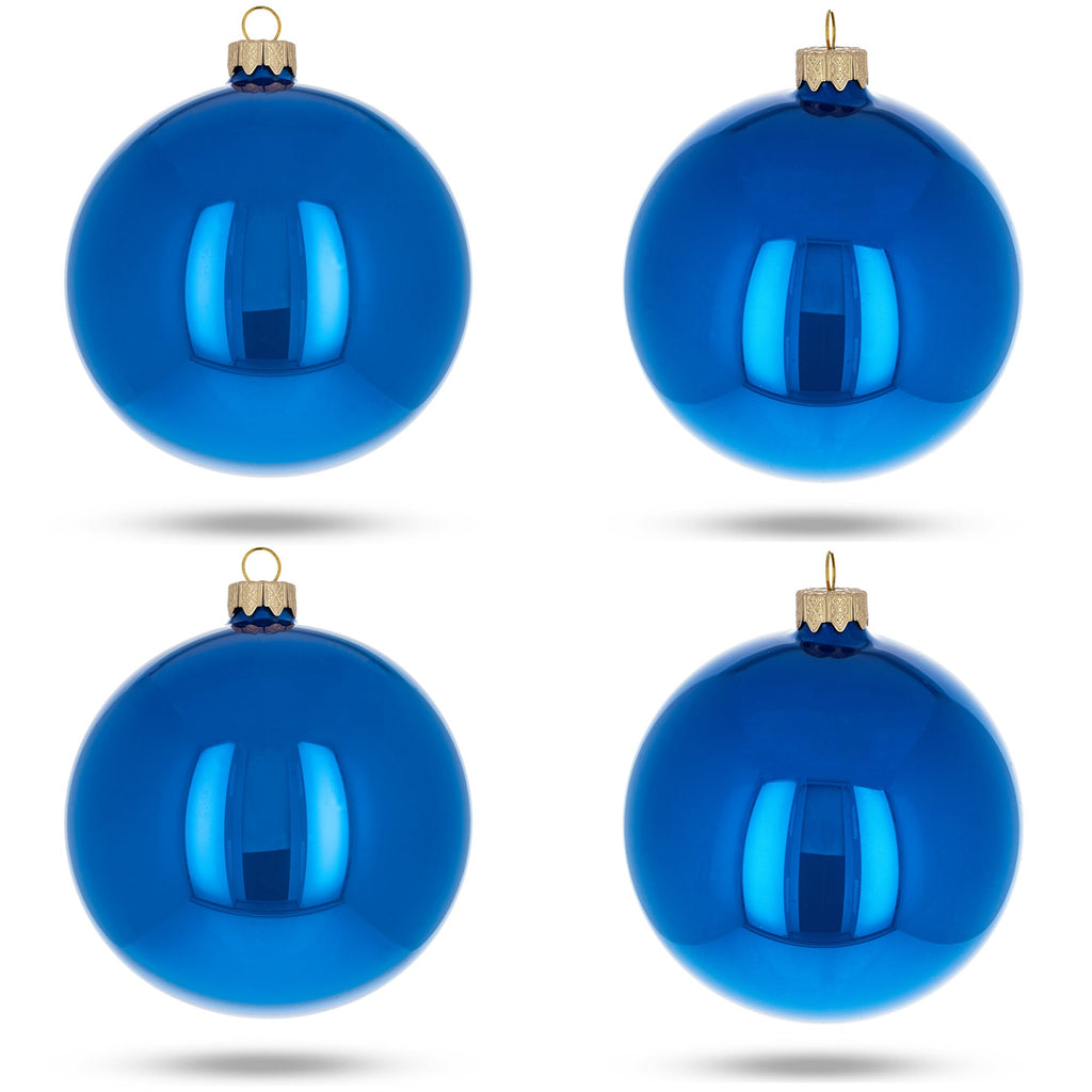 Set of 4 Glossy Blue Glass Ball Christmas Ornaments 4 Inches (007)
