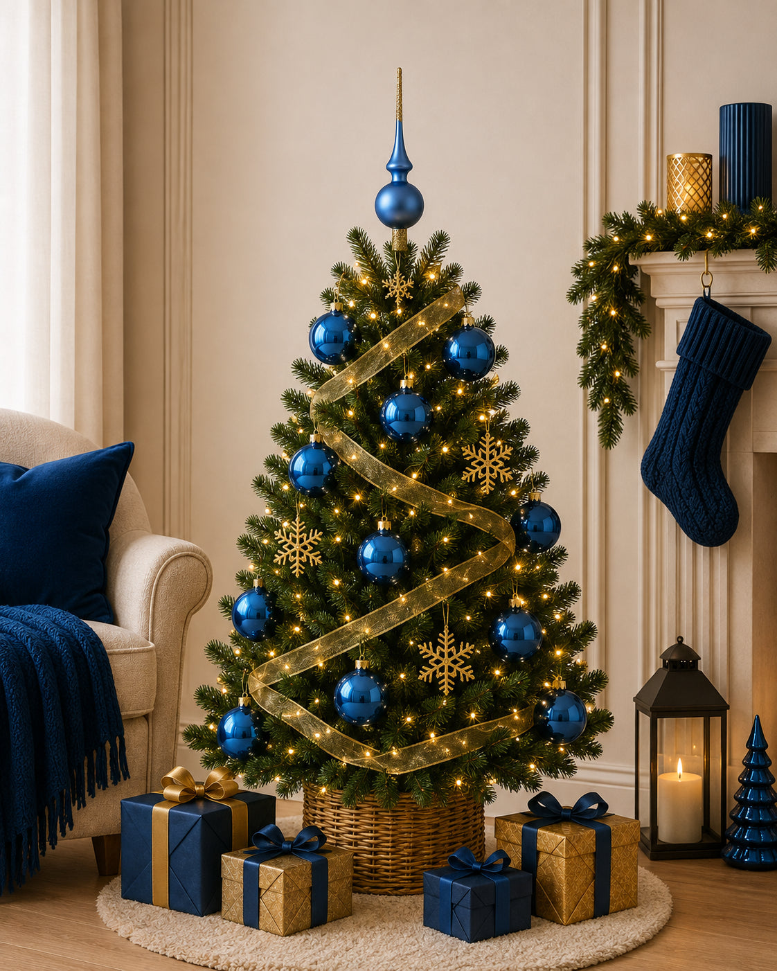 Set of 4 Glossy Blue Glass Ball Christmas Ornaments 4 Inches (007)