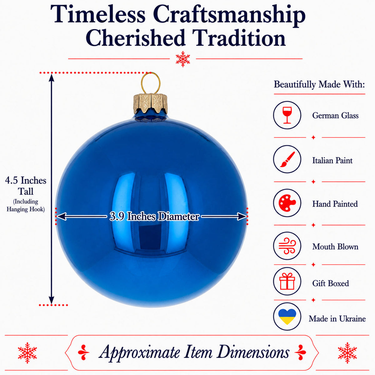 Set of 4 Glossy Blue Glass Ball Christmas Ornaments 4 Inches (007)