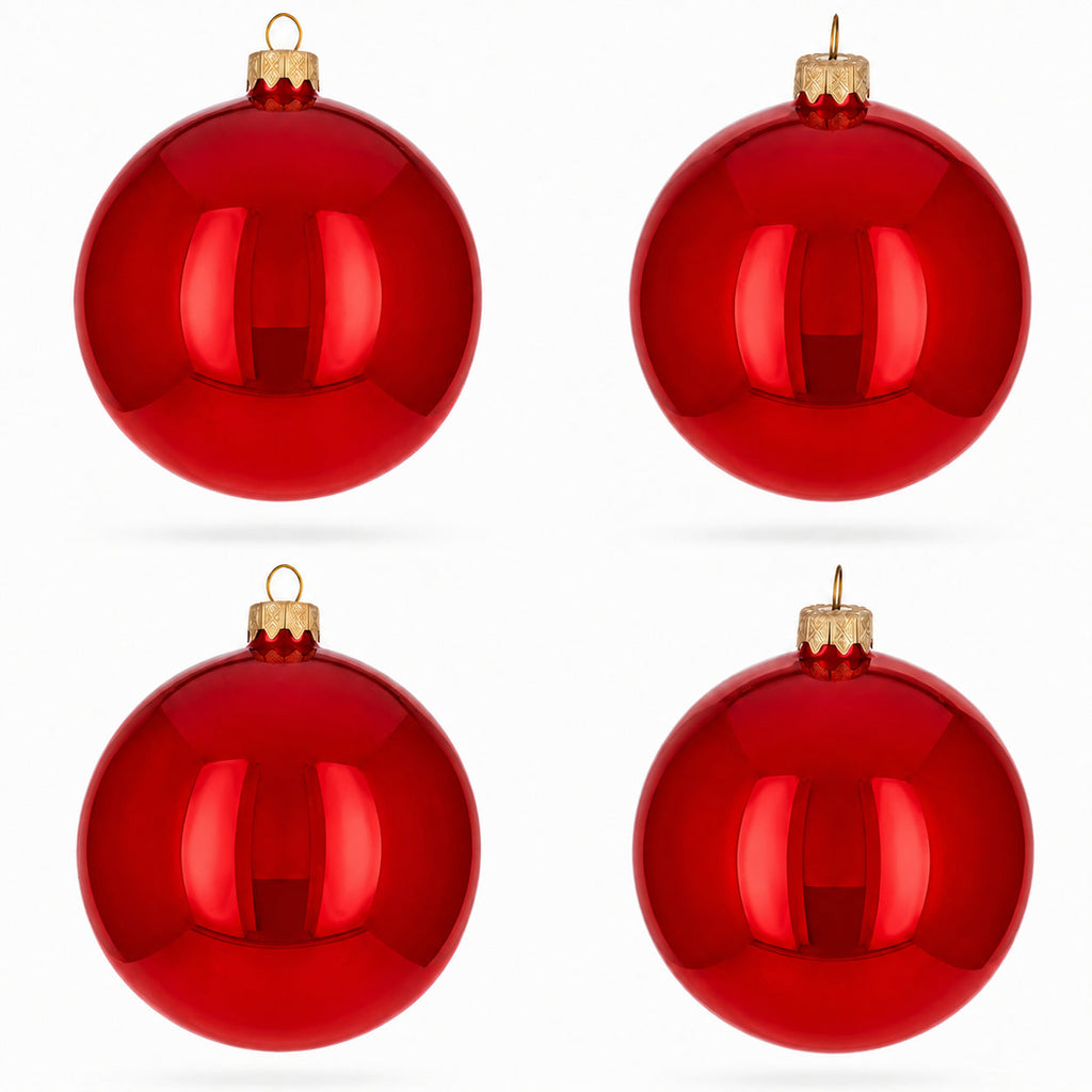 Set of 4 Glossy Red Glass Ball Christmas Ornaments 4 Inches (008)