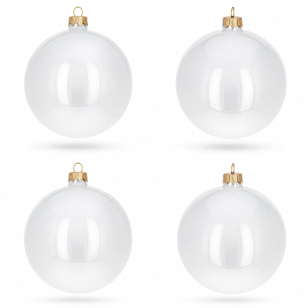 Set of 4 Glossy White Glass Ball Christmas Ornaments 4 Inches (009)