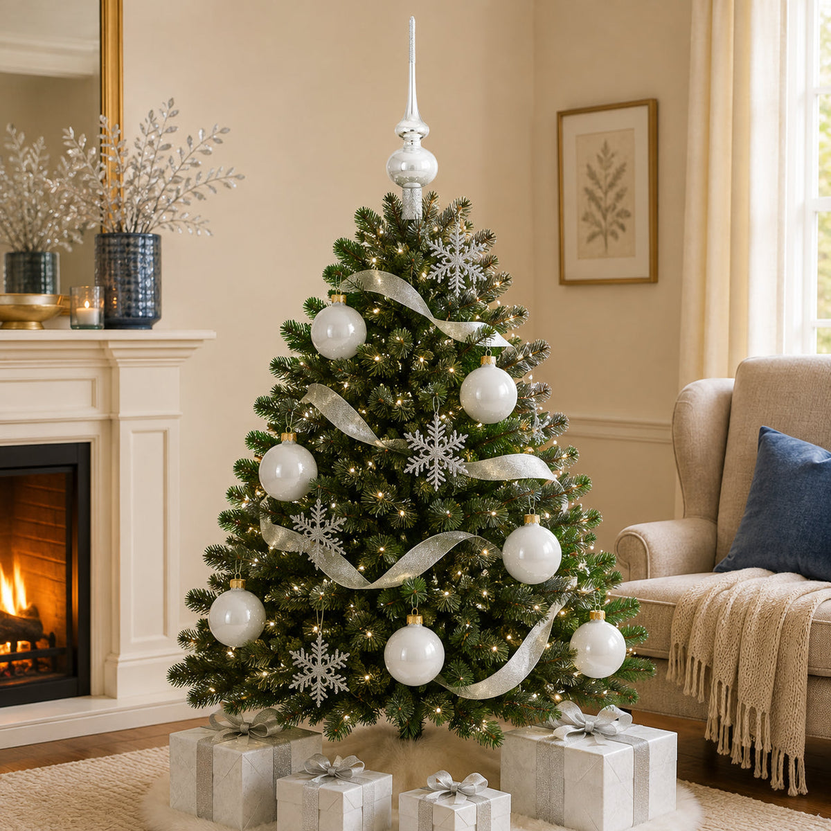 Set of 4 Glossy White Glass Ball Christmas Ornaments 4 Inches (009)