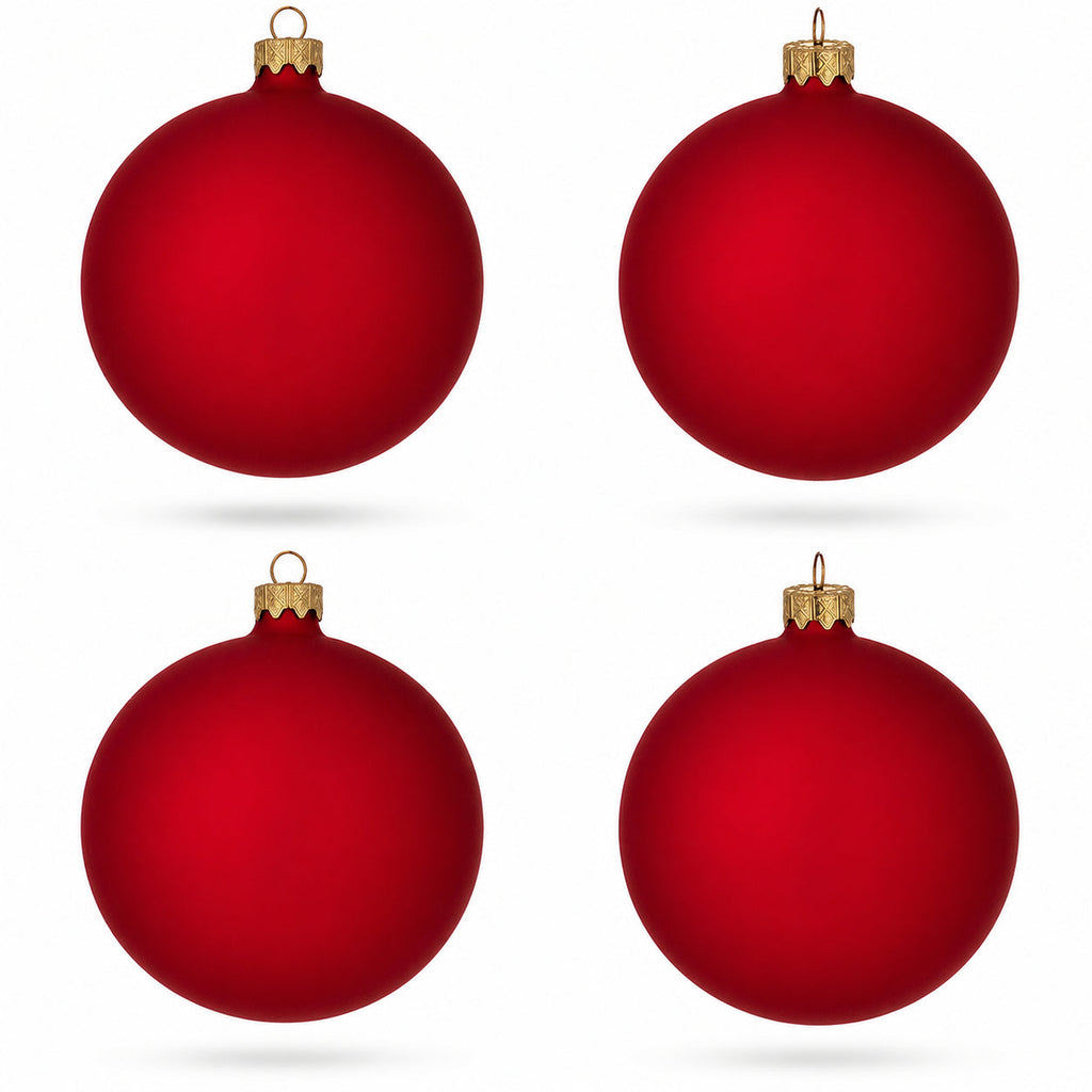 Set of 4 Red Matte Glass Ball Christmas Ornaments 4 Inches (013)