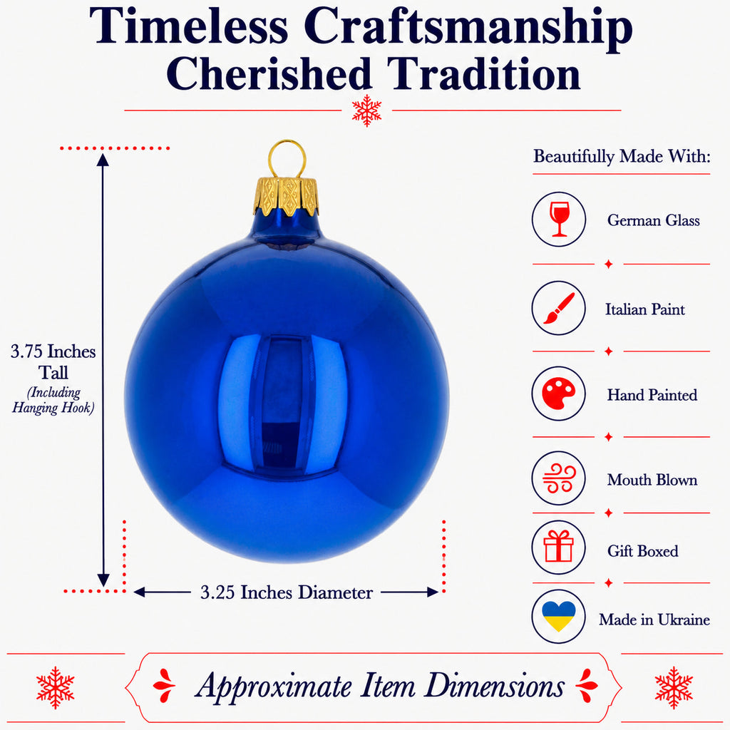 Set of 6 Glossy Blue Glass Ball Christmas Ornaments 3.25 Inches (038)