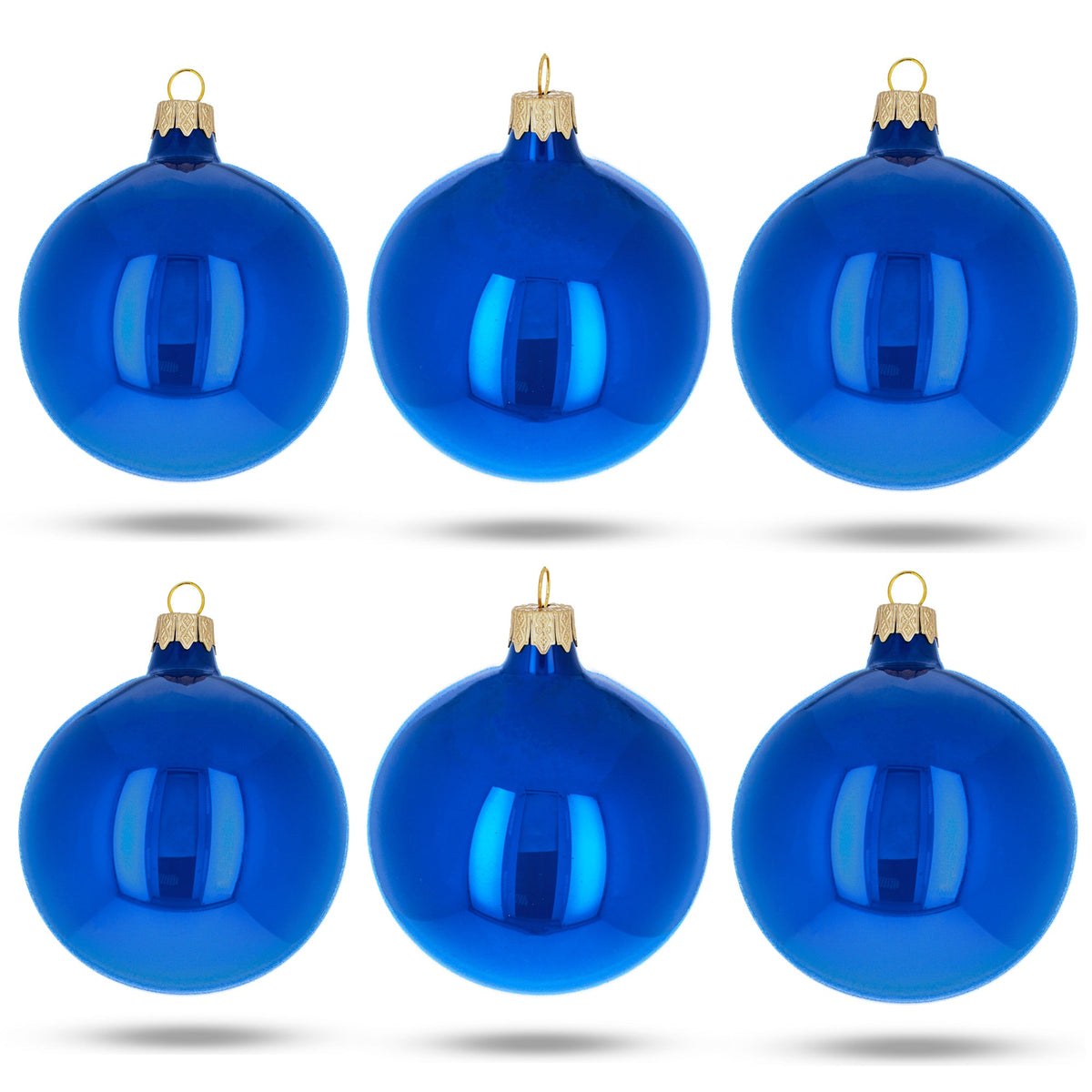 Set of 6 Glossy Blue Glass Ball Christmas Ornaments 3.25 Inches (038)