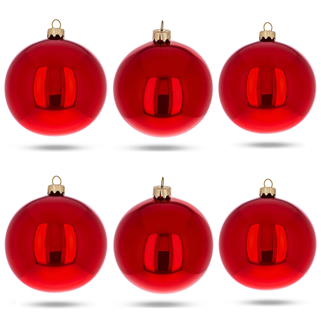 Set of 6 Red Glossy Glass Ball Christmas Ornaments 3.25 Inches (039)
