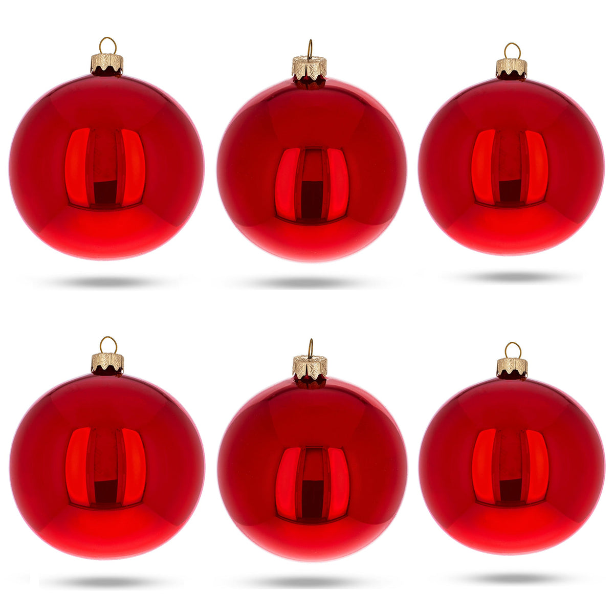 Set of 6 Red Glossy Glass Ball Christmas Ornaments 3.25 Inches (039)