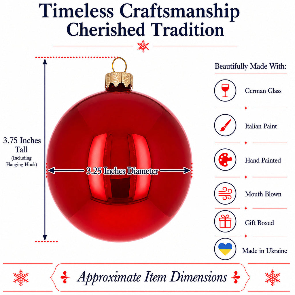 Set of 6 Red Glossy Glass Ball Christmas Ornaments 3.25 Inches (039)