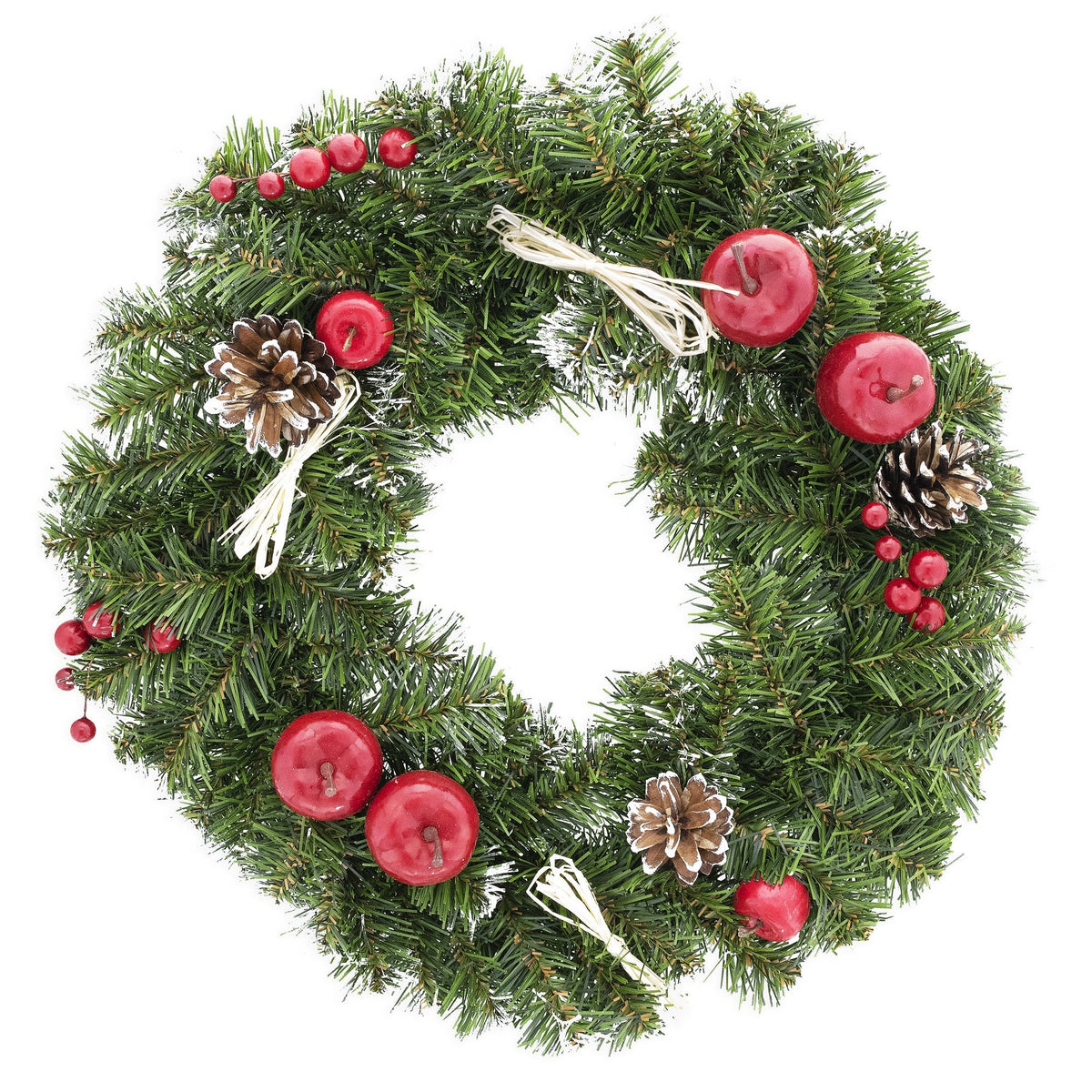 Ukrainian Christmas Wreath w. Frosted Straw Bows, Apples & Pine Cones 16 Inches
