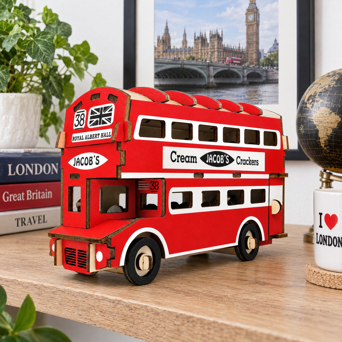 London Double Decker Bus Wooden Model Kit 94 Piece Display