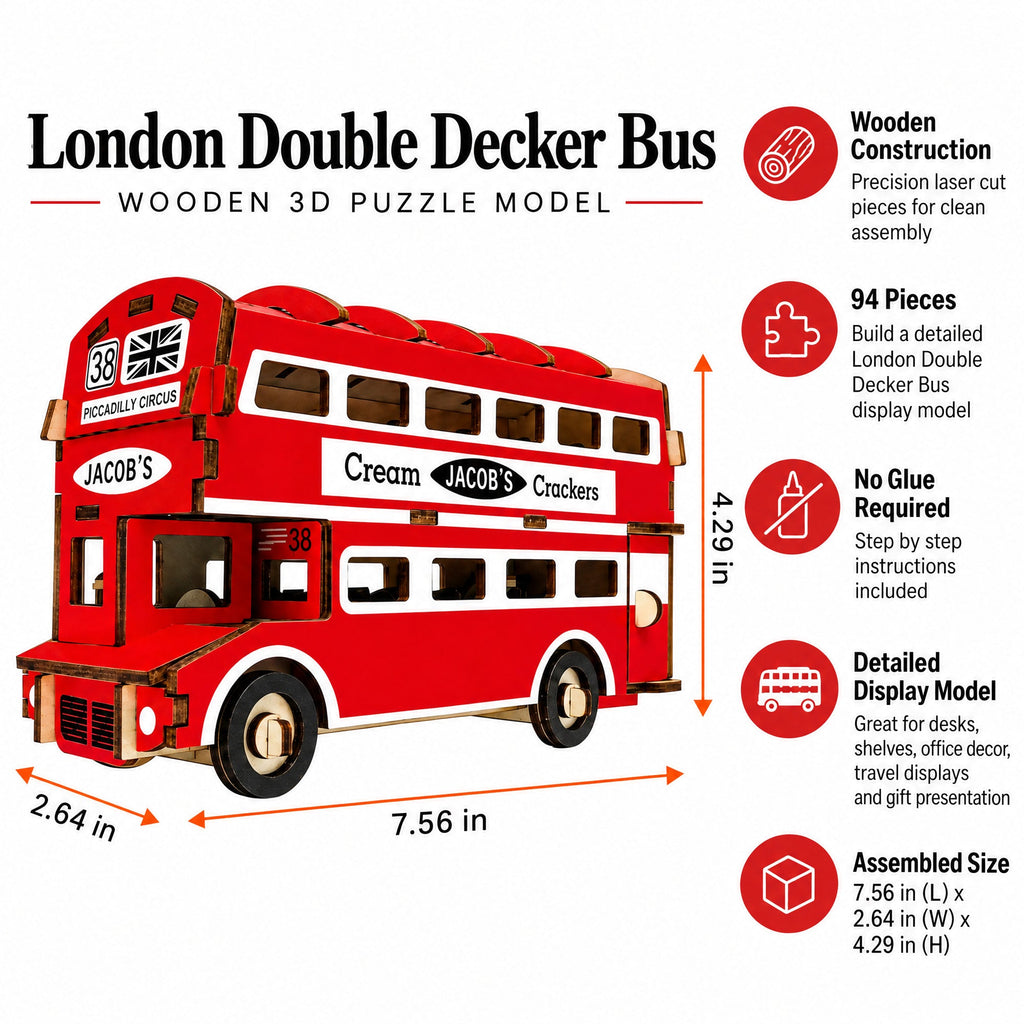 London Double Decker Bus Wooden Model Kit 94 Piece Display