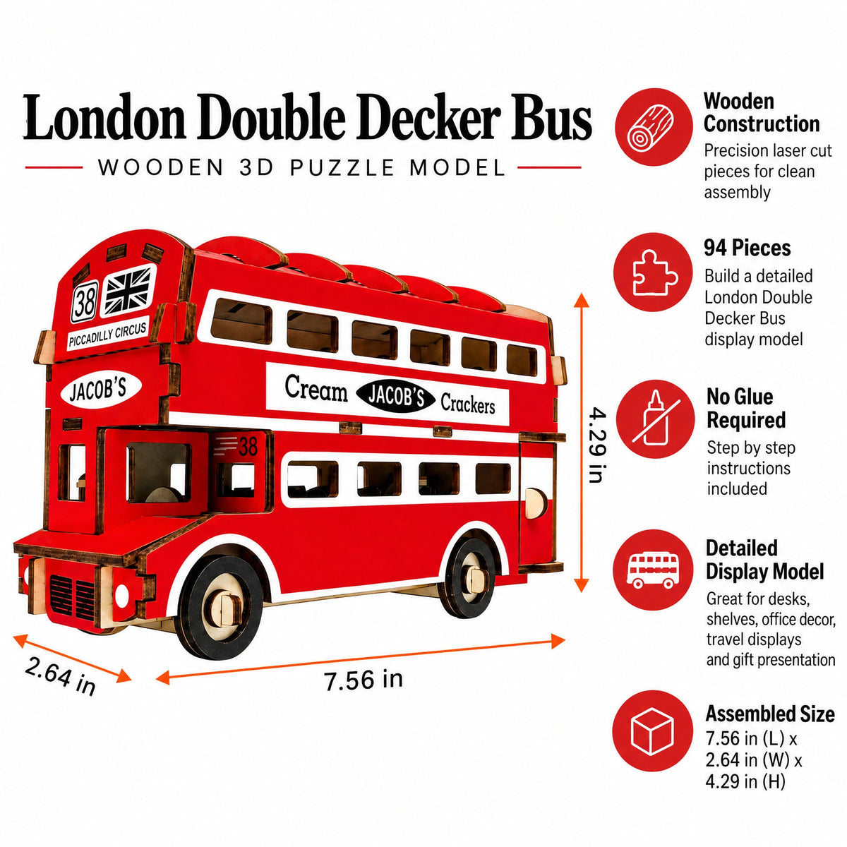 London Double Decker Bus Wooden Model Kit 94 Piece Display