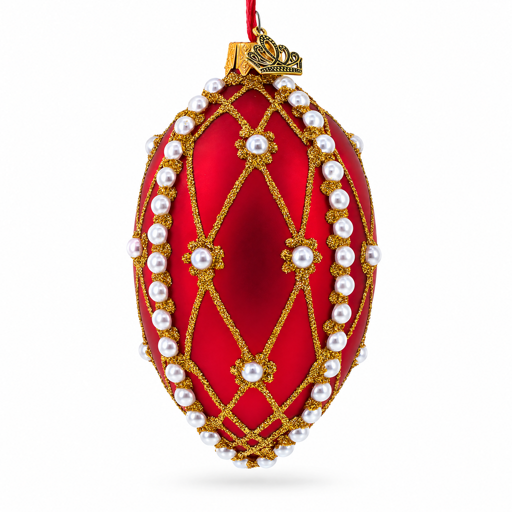 White Pearl Trellis On Red Glass Egg Christmas Ornament 4 Inches
