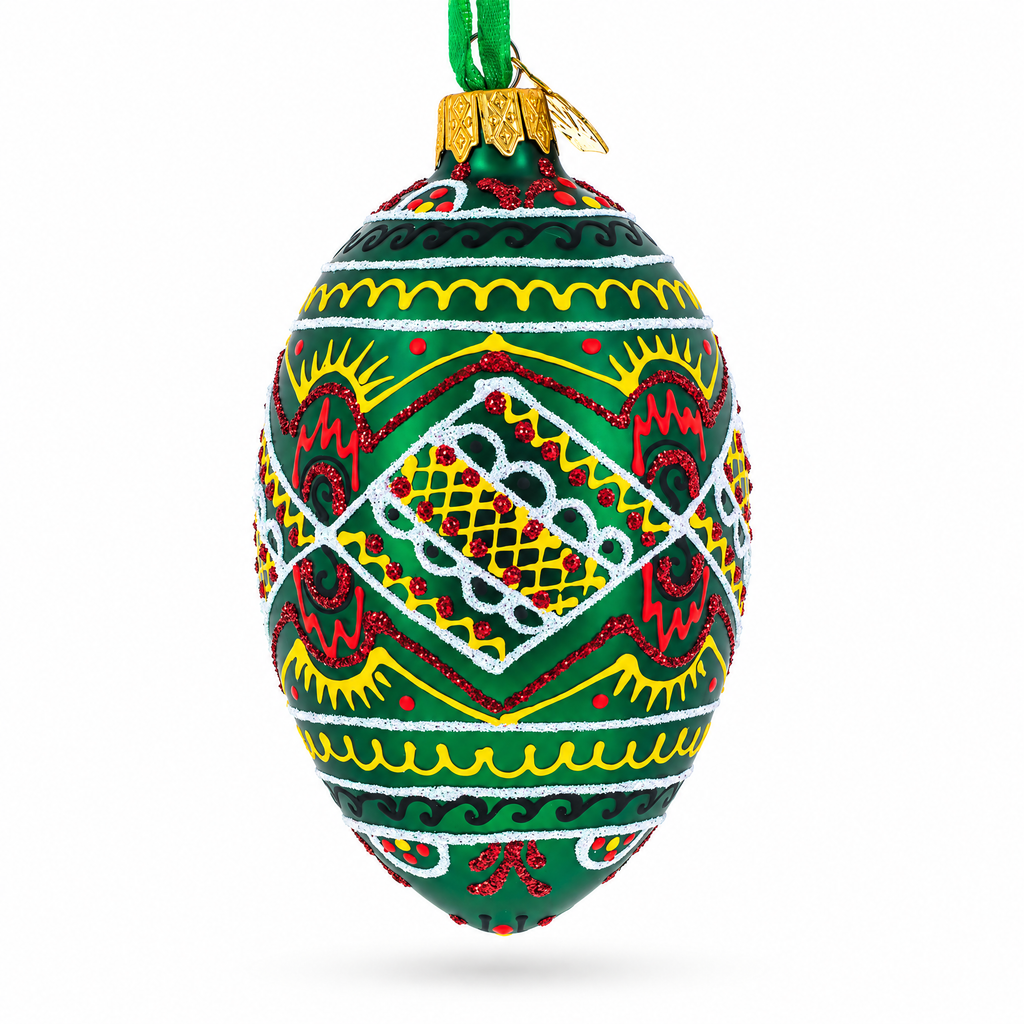 Green Geometric Pysanka Ukrainian Egg Glass Christmas Ornament 4 Inches