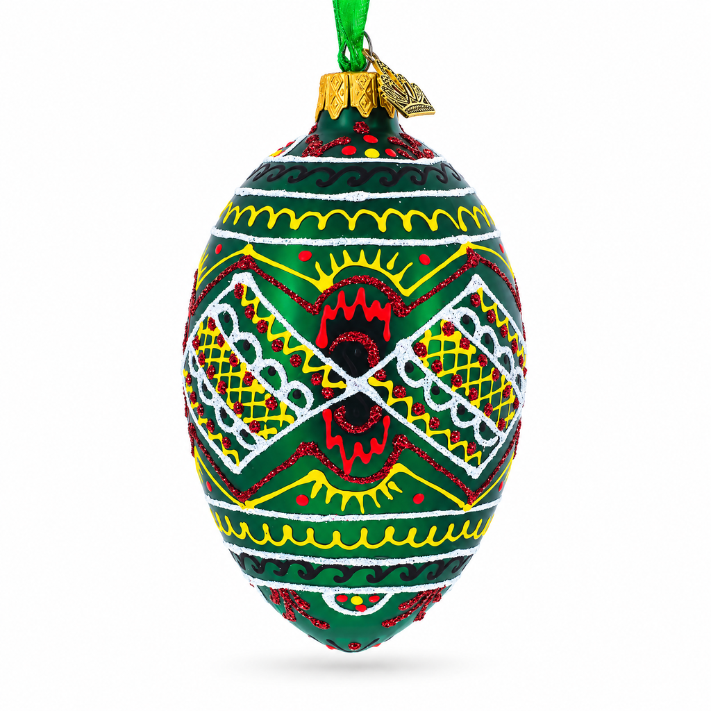 Green Geometric Pysanka Ukrainian Egg Glass Christmas Ornament 4 Inches