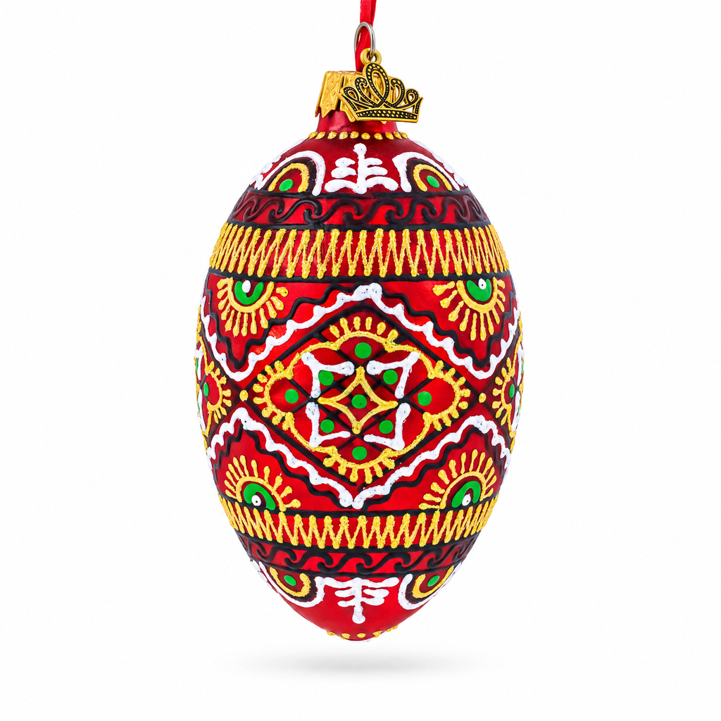 Red Geometric Ukrainian Egg Glass Christmas Ornament 4 Inches
