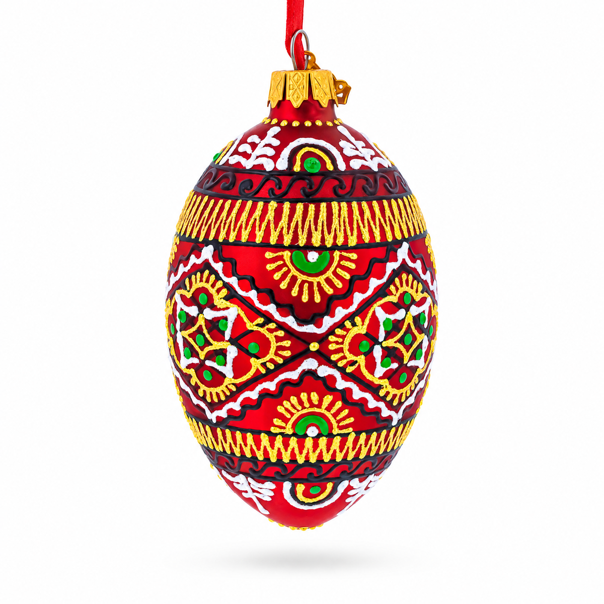 Red Geometric Ukrainian Egg Glass Christmas Ornament 4 Inches