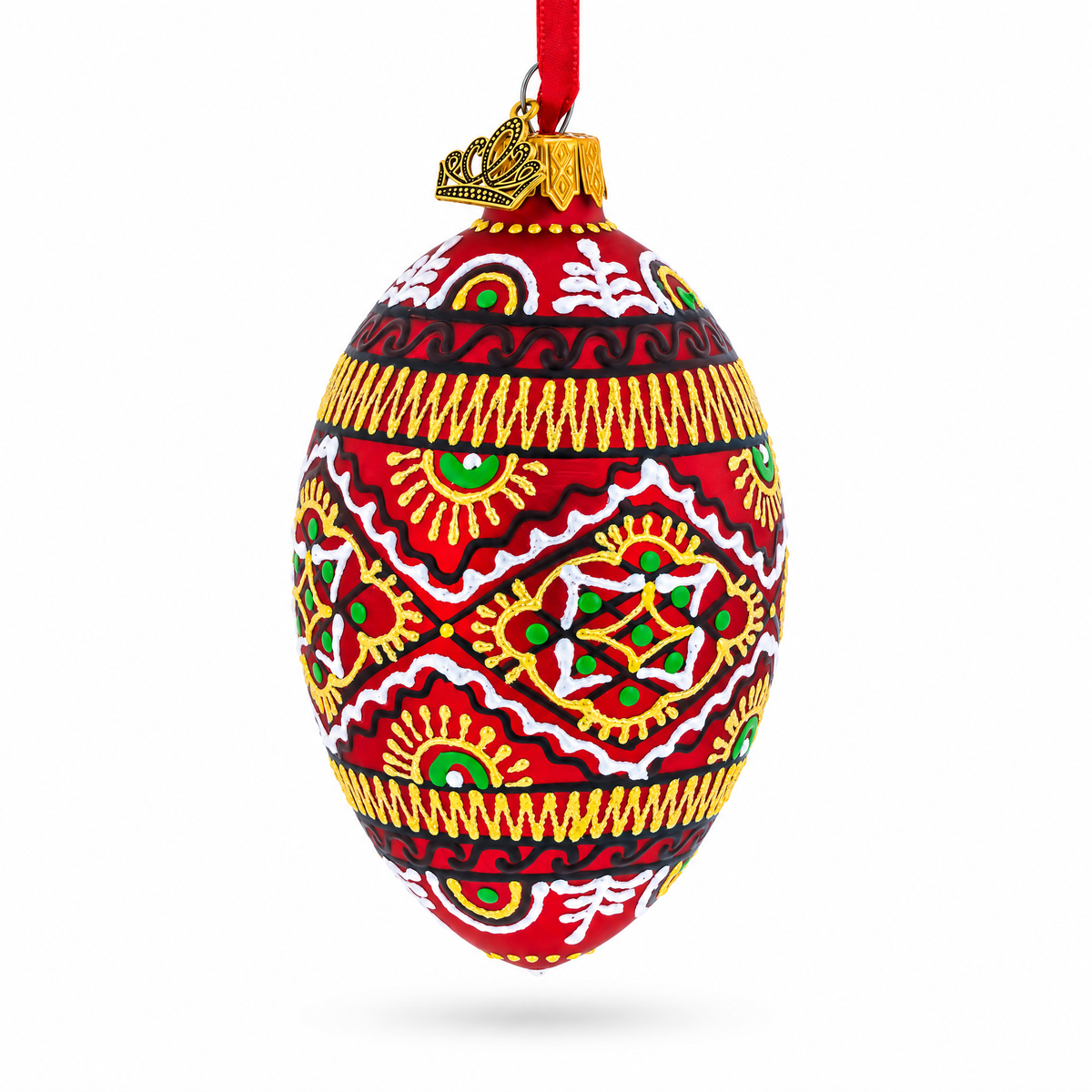 Red Geometric Ukrainian Egg Glass Christmas Ornament 4 Inches