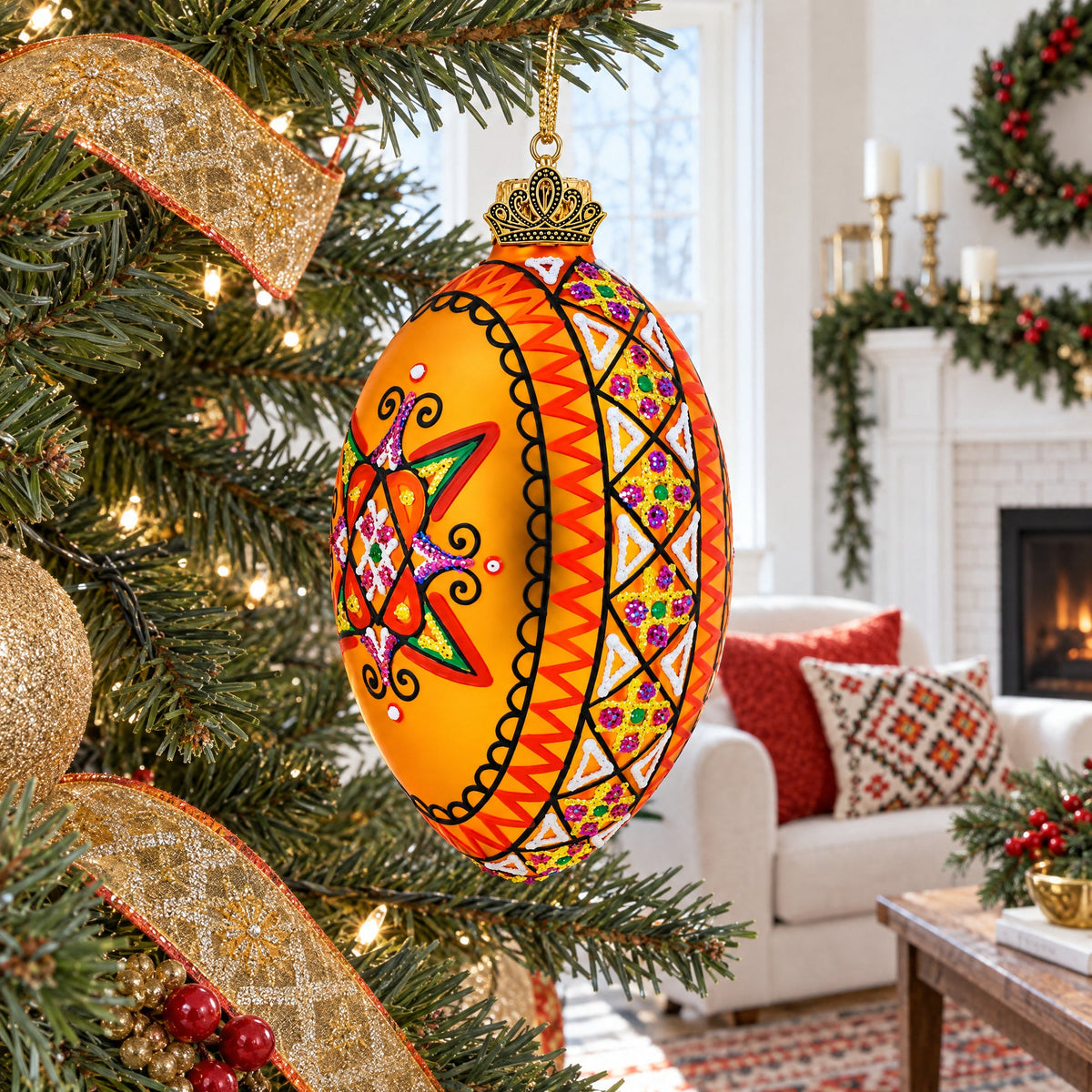 Gold Geometric Ukrainian Egg Glass Christmas Ornament 4 Inches