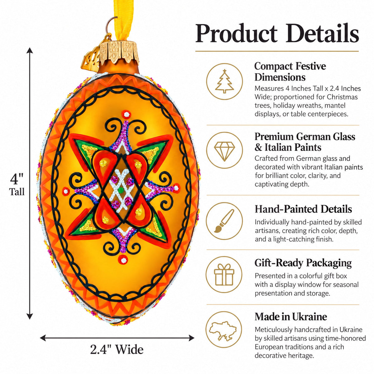 Gold Geometric Ukrainian Egg Glass Christmas Ornament 4 Inches