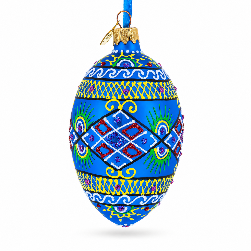 Blue Geometric Ukrainian Egg Glass Christmas Ornament 4 Inches