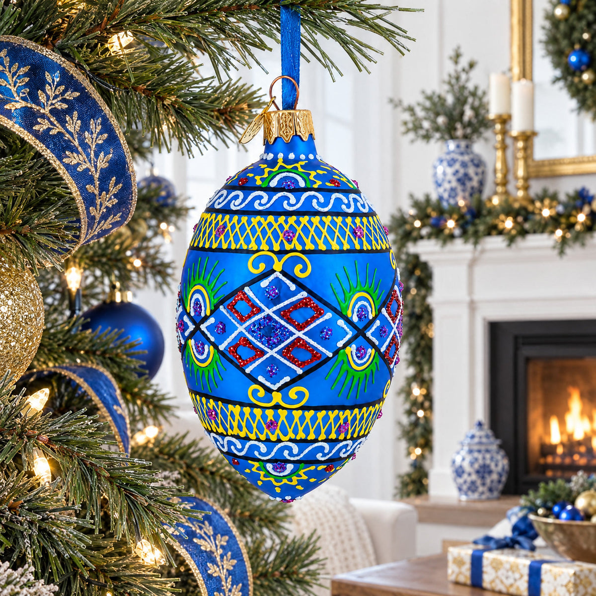 Blue Geometric Ukrainian Egg Glass Christmas Ornament 4 Inches