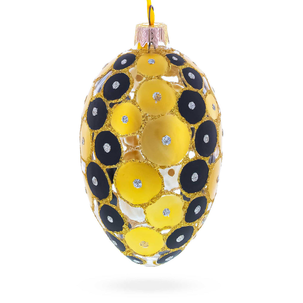 Gold and Black Circles Glass Egg Christmas Ornament 4 Inches
