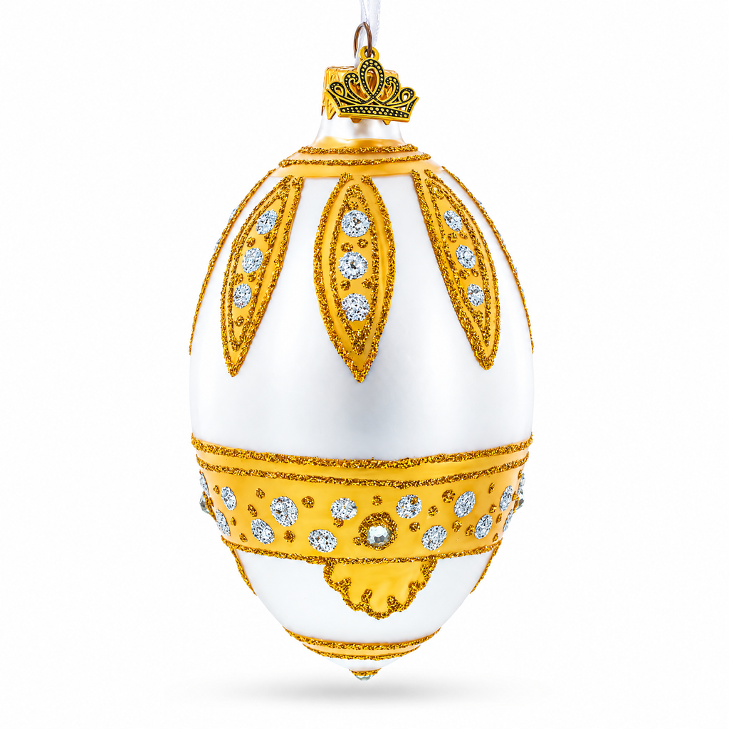 Golden Leaves On White Egg Glass Ornament 4 Inches