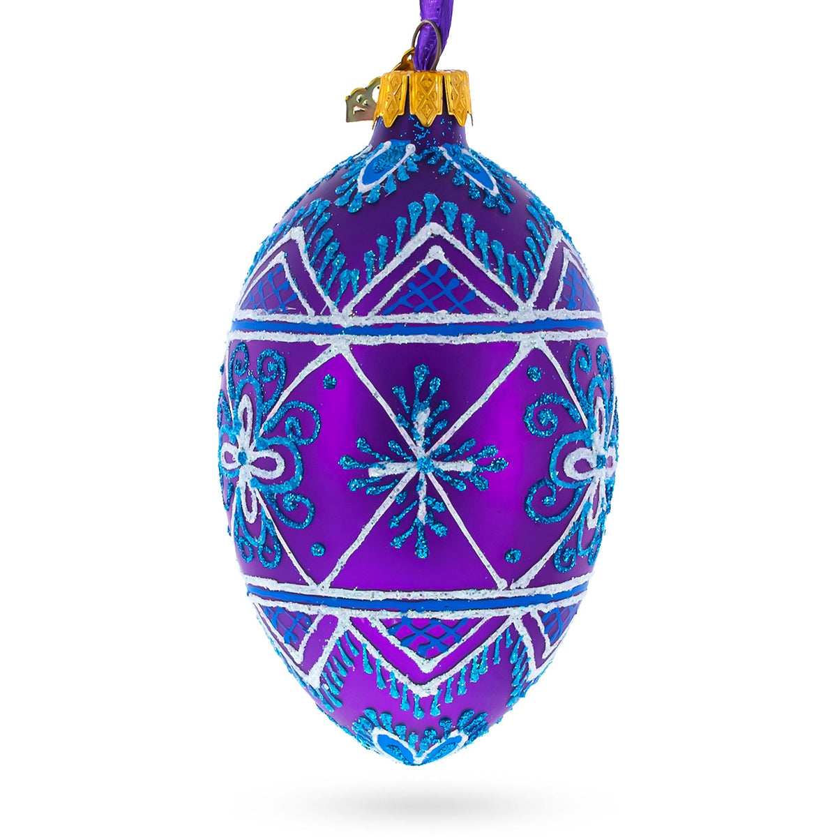 White Stars on Purple Glass Egg Ornament 4 Inches