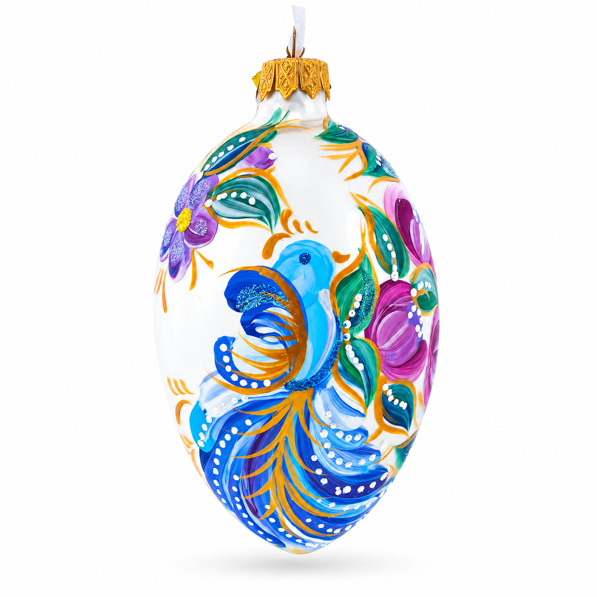Blye Songbird with Blossoms Glass Egg Ornament 4 Inches