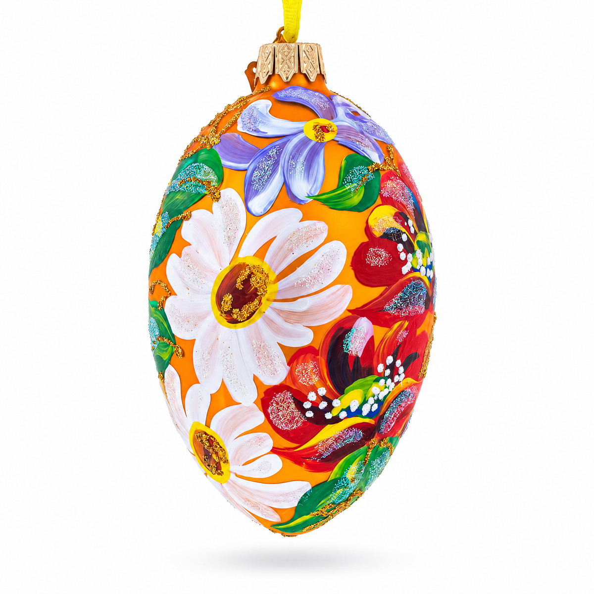 Poppy & Daisy Flowers Glass Egg Ornament 4 Inches