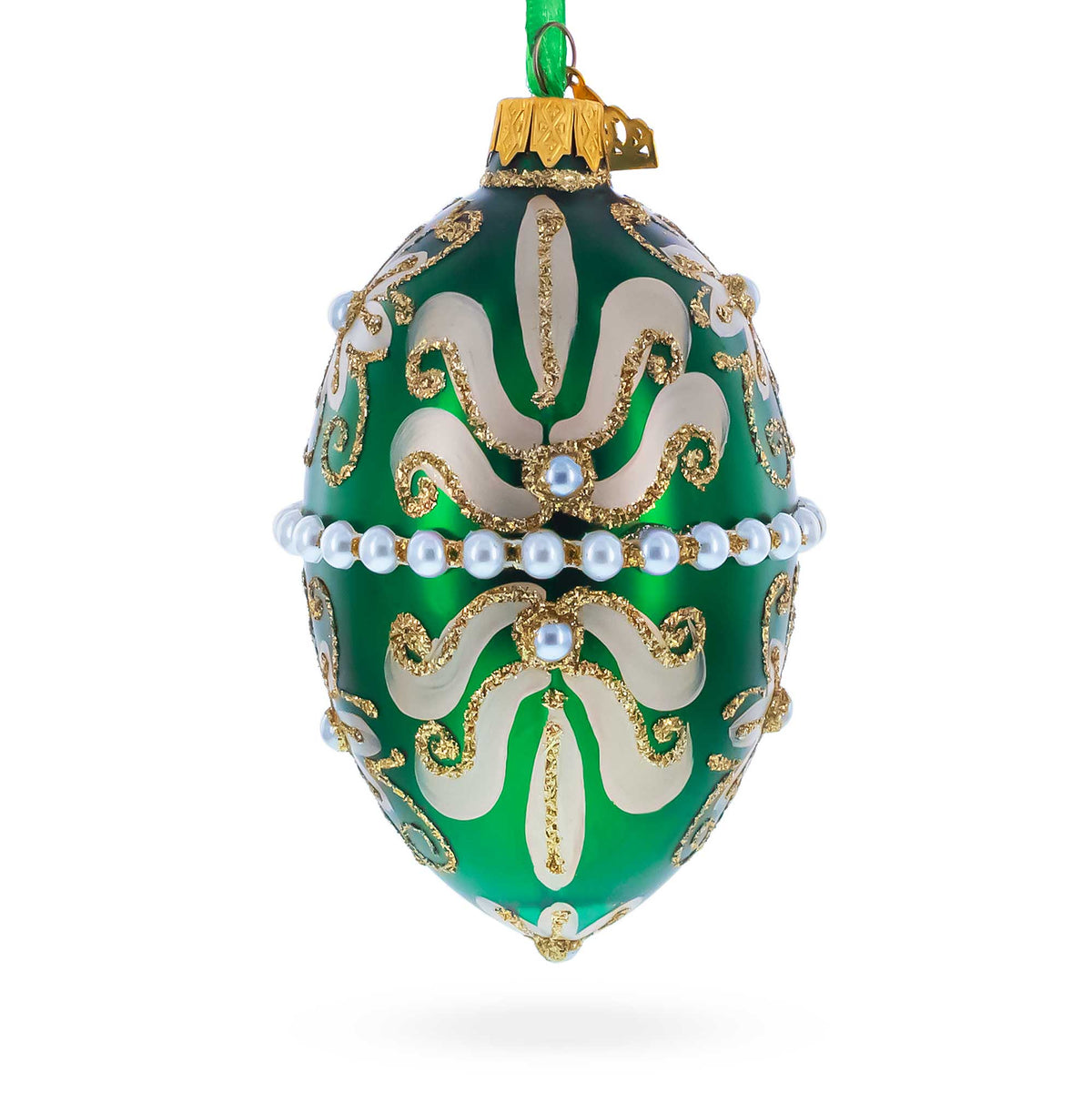 Beaded Center & Golden Flowers On Green Glass Egg Ornament 4 Inches