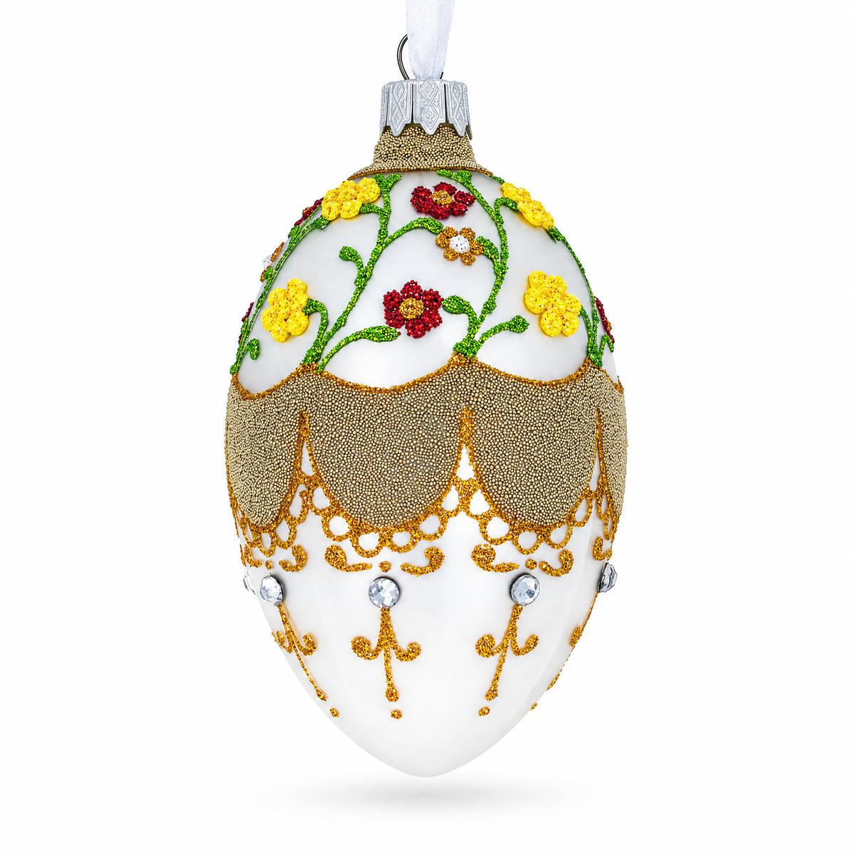 Multicolor Flowers On White Glass Egg Ornament 4 Inches