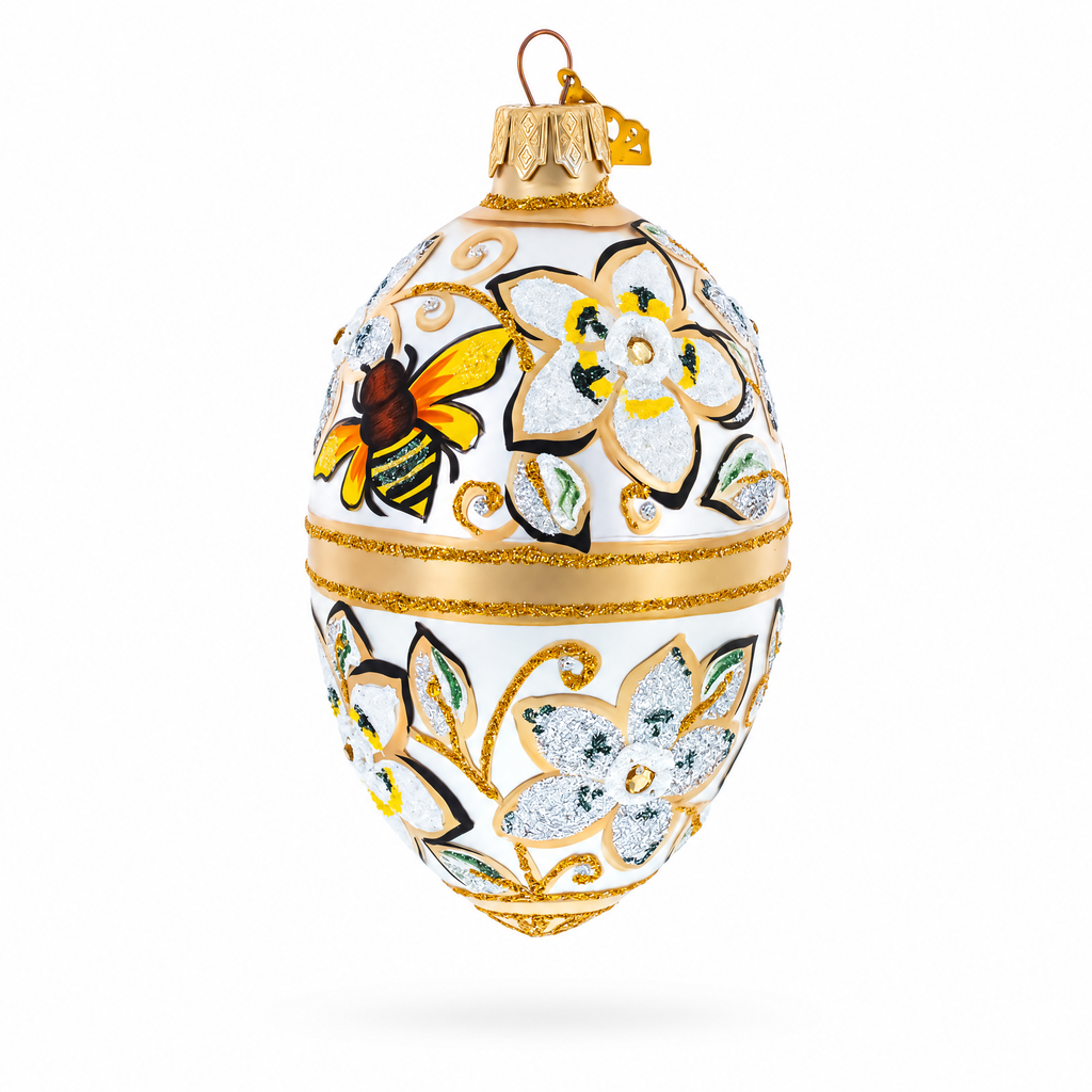 Bee On Flowers Glass Egg Ornament 4 Inches