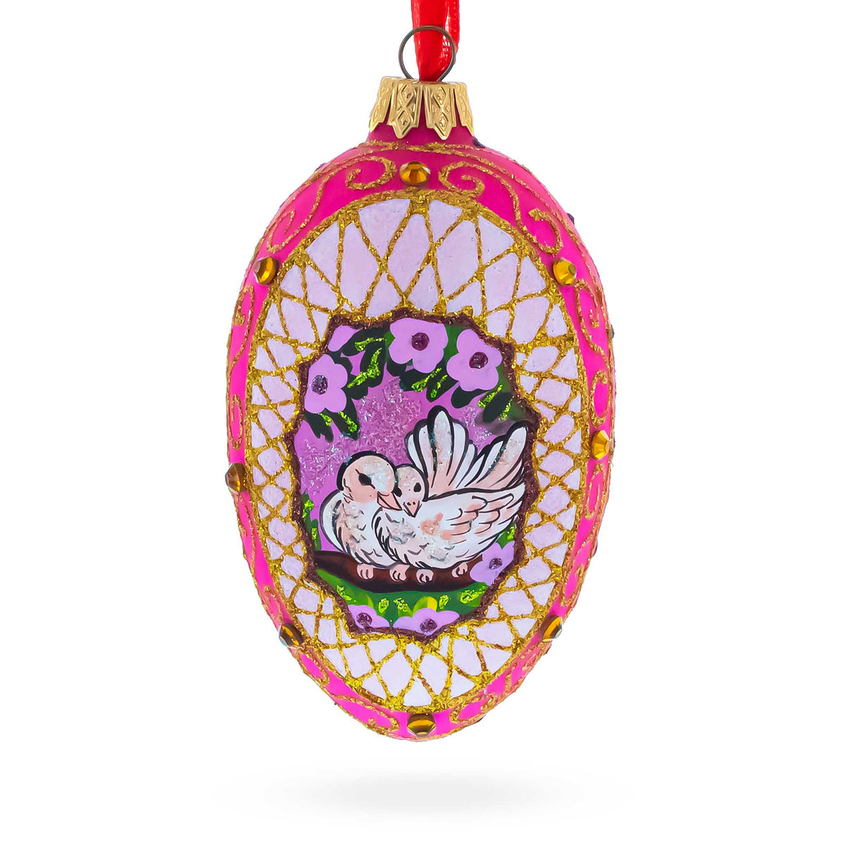Romantic Doves in Floral Glass Egg Ornament 4 Inches