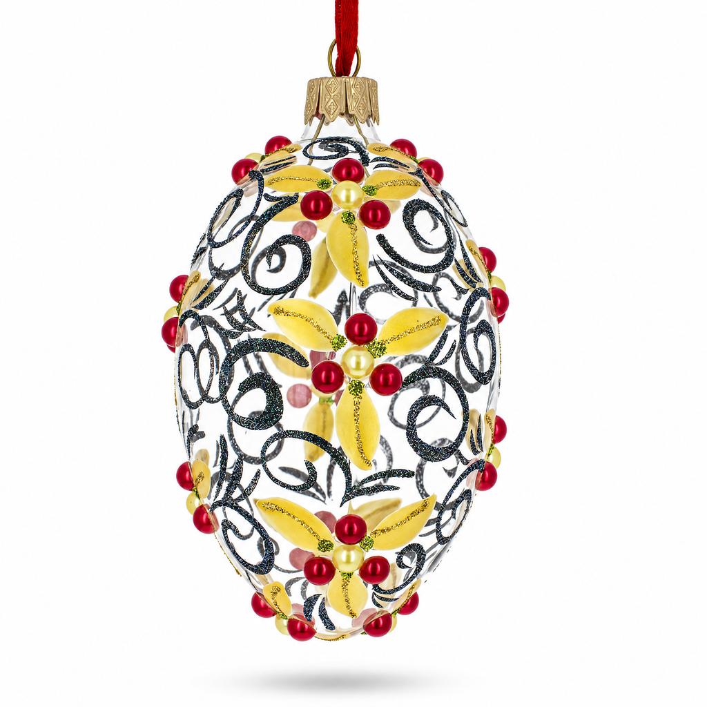 Red Berries On Clear Glass Egg Ornament 4 Inches