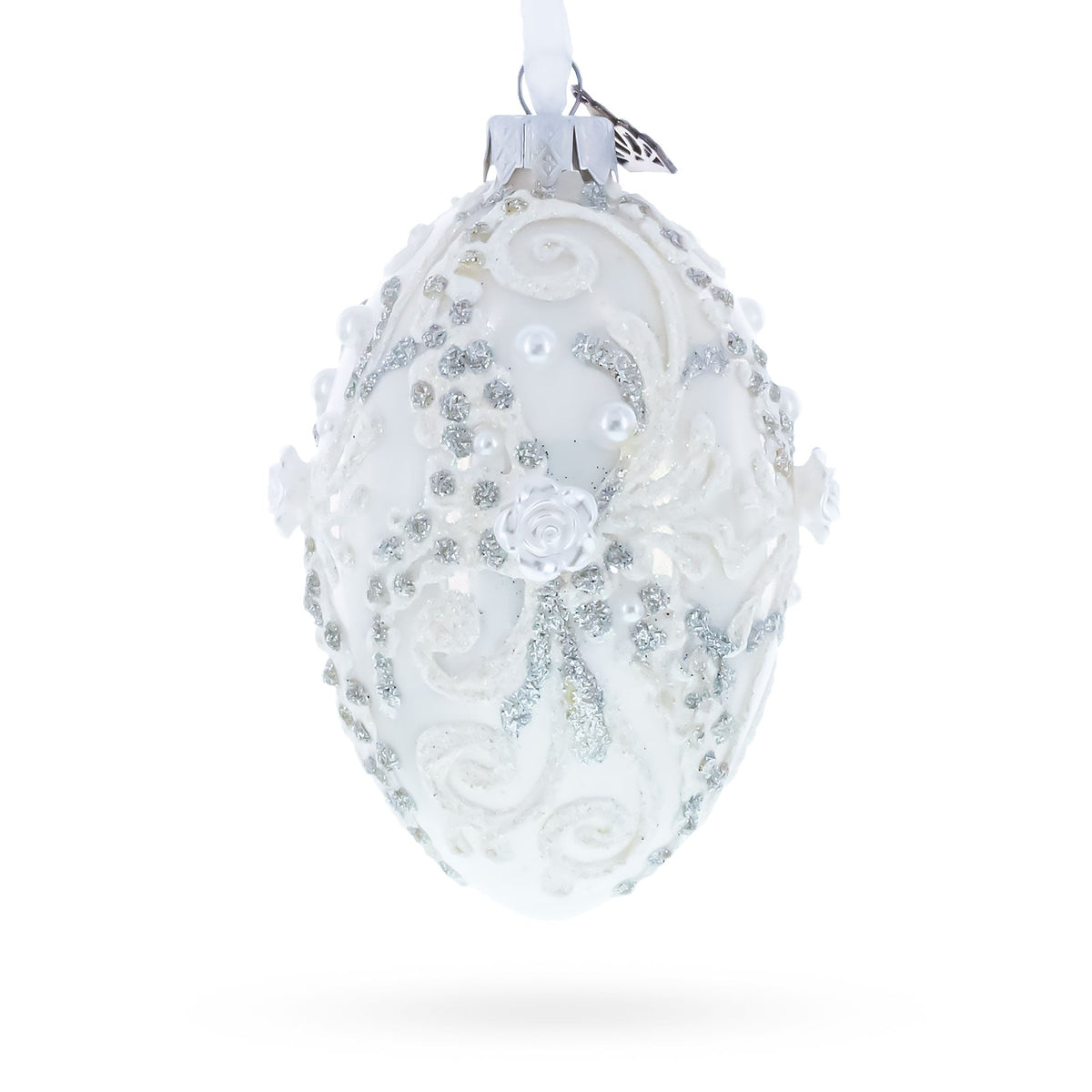 Silver Glitter Scrolls, Pearls & Rose Accents Winter Elegance Glass Egg Ornament 4 Inches