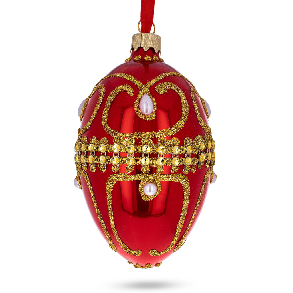 Jeweled White Beads Glossy Red Glass Egg Ornament 4 Inches