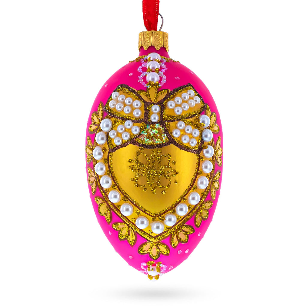 Italian Fashion House Pearl Buckle on Pink Glass Egg Christmas Ornament 4 Inches
