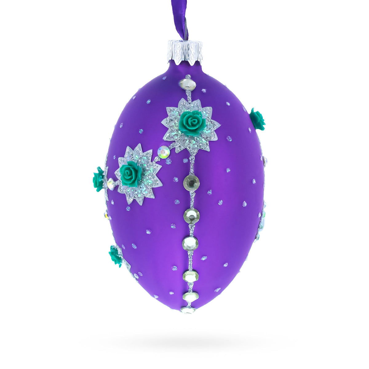 Milan Designer Intricate Jeweled Flower Necklace Glass Egg Christmas Ornament 4 Inches
