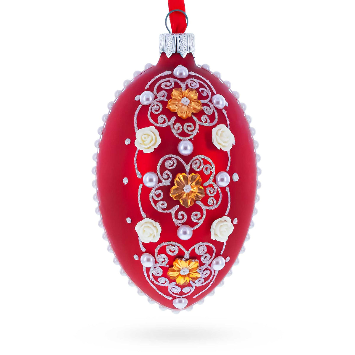 Jeweled Flowers on Red Glass Egg Christmas Ornament 4 Inches