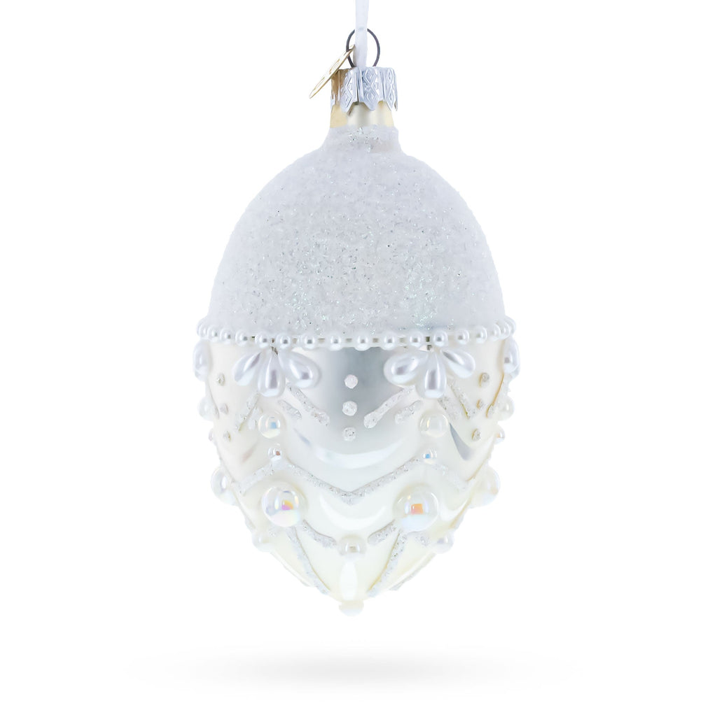 White Pearls on Frozen Glass Egg Christmas Ornament 4 Inches