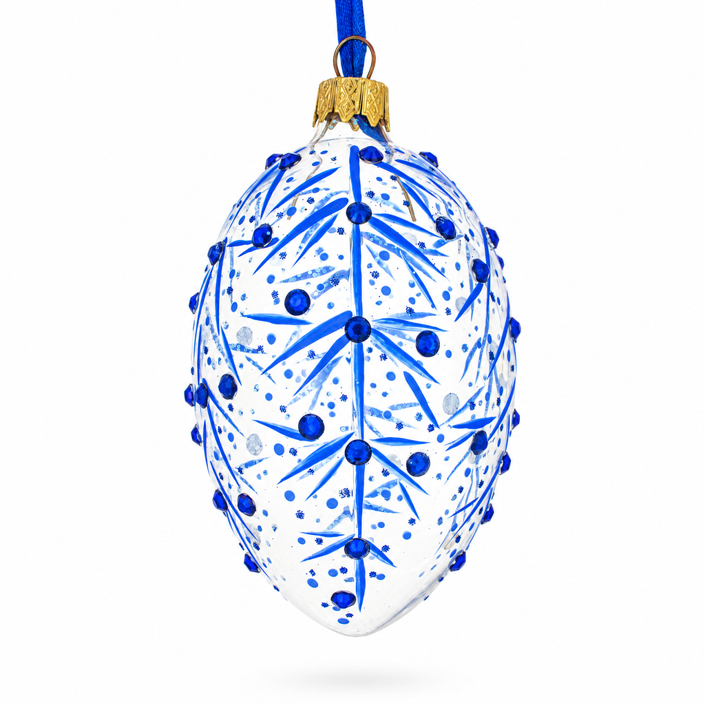 Blue Branches Glass Egg Christmas Ornament 4 Inches