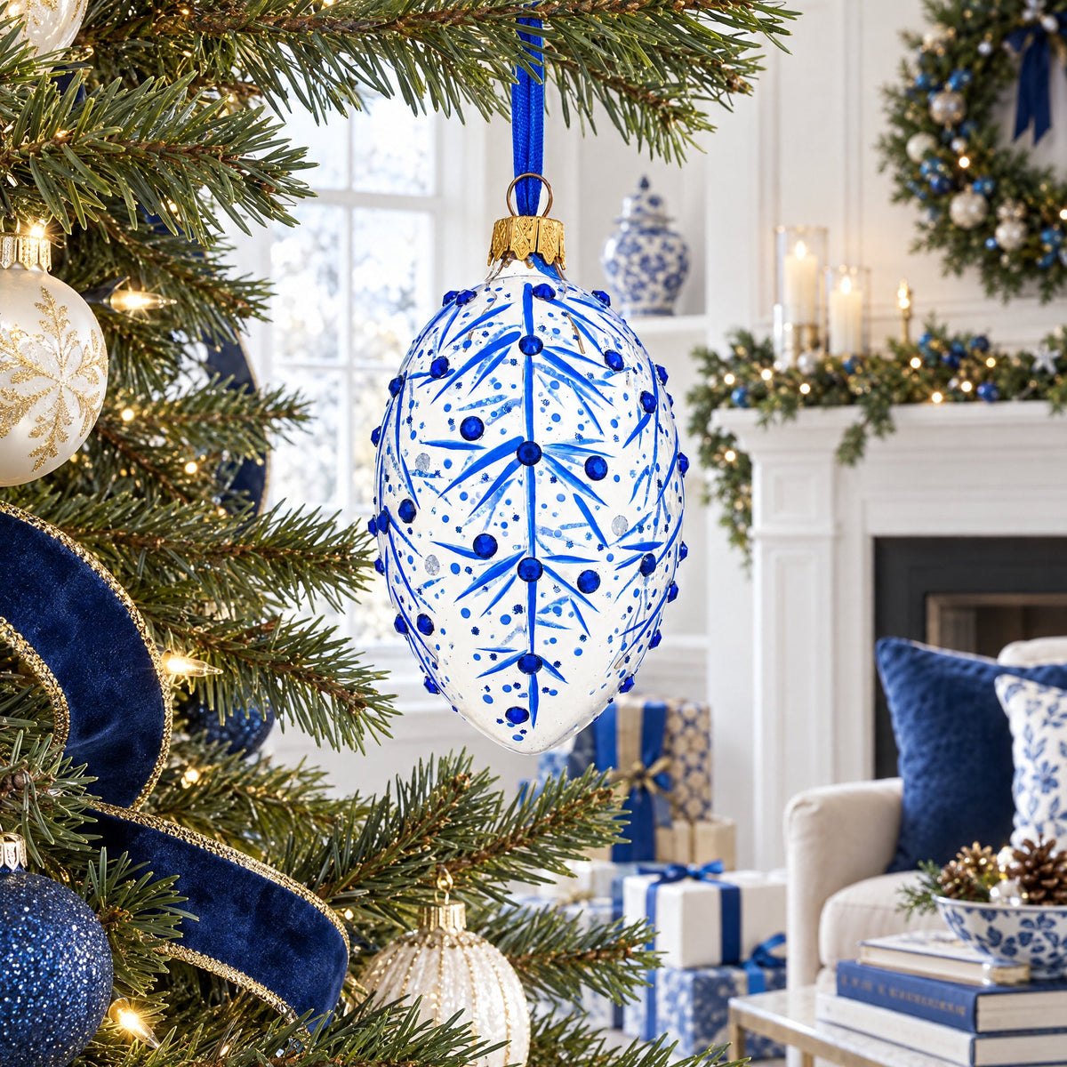 Blue Branches Glass Egg Christmas Ornament 4 Inches