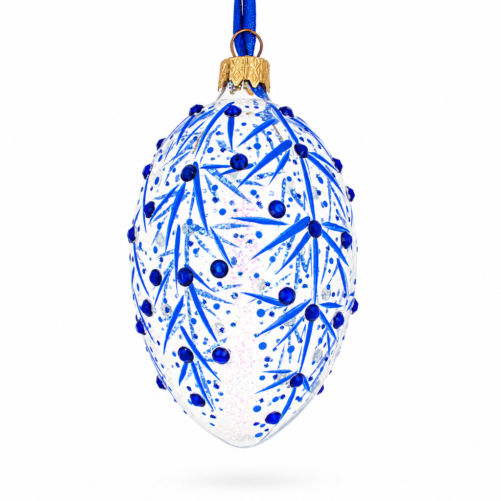 Blue Branches Glass Egg Christmas Ornament 4 Inches