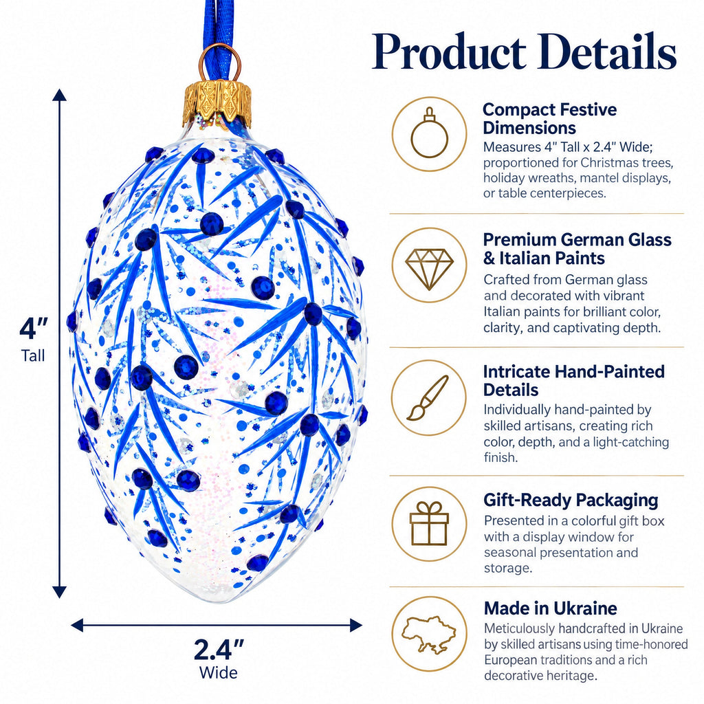 Blue Branches Glass Egg Christmas Ornament 4 Inches
